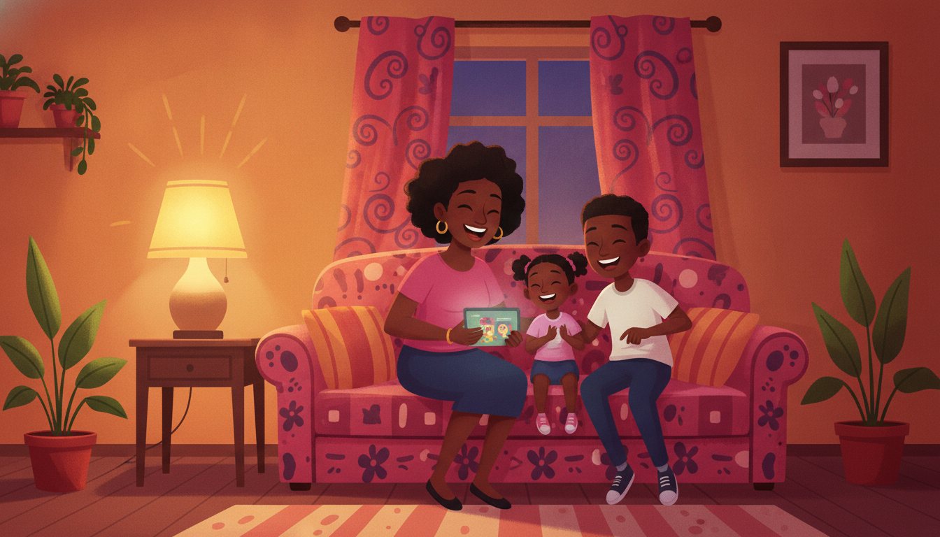 Une famille regardant Tikoko ensemble sur une tablette dans leur salon à Abidjan